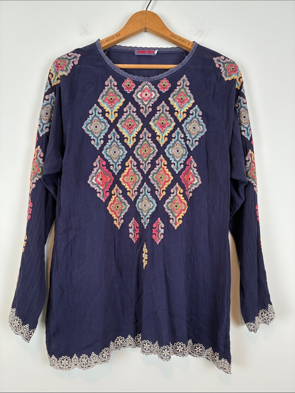 Johnny Was Women’s Small Embroidered Navy Blue Long-Sleeve Tunic Top Boho Hippie